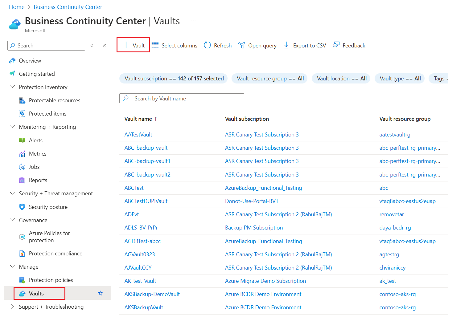 Snímek obrazovky ukazuje, jak začít vytvářet trezor služby Recovery Services.