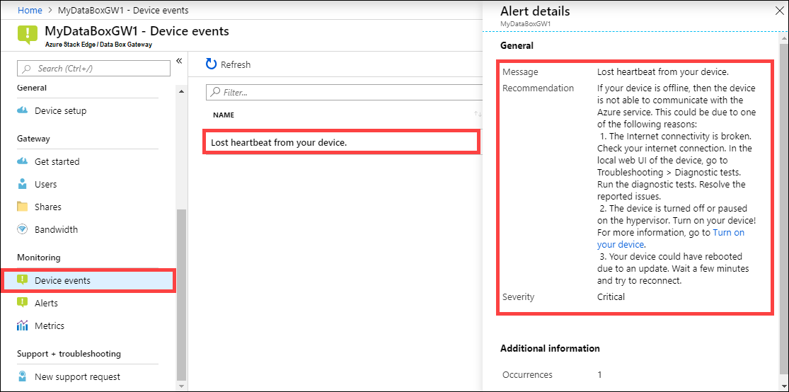 Snímek obrazovky s podrobnostmi o upozornění v okně Události zařízení na webu Azure Portal Položka nabídky Události zařízení, výstraha a podrobnosti výstrahy jsou zvýrazněné.