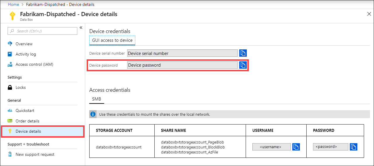 Snímek obrazovky s podrobnostmi o zařízení Data Box v Azure Portal Položka nabídky Podrobnosti o zařízení a možnost Heslo zařízení jsou zvýrazněné.