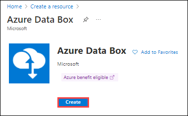 Snímek obrazovky webu Azure Portal v horní části obrazovky webu Azure Portal po výběru Azure Data Boxu Tlačítko Vytvořit je zvýrazněné.