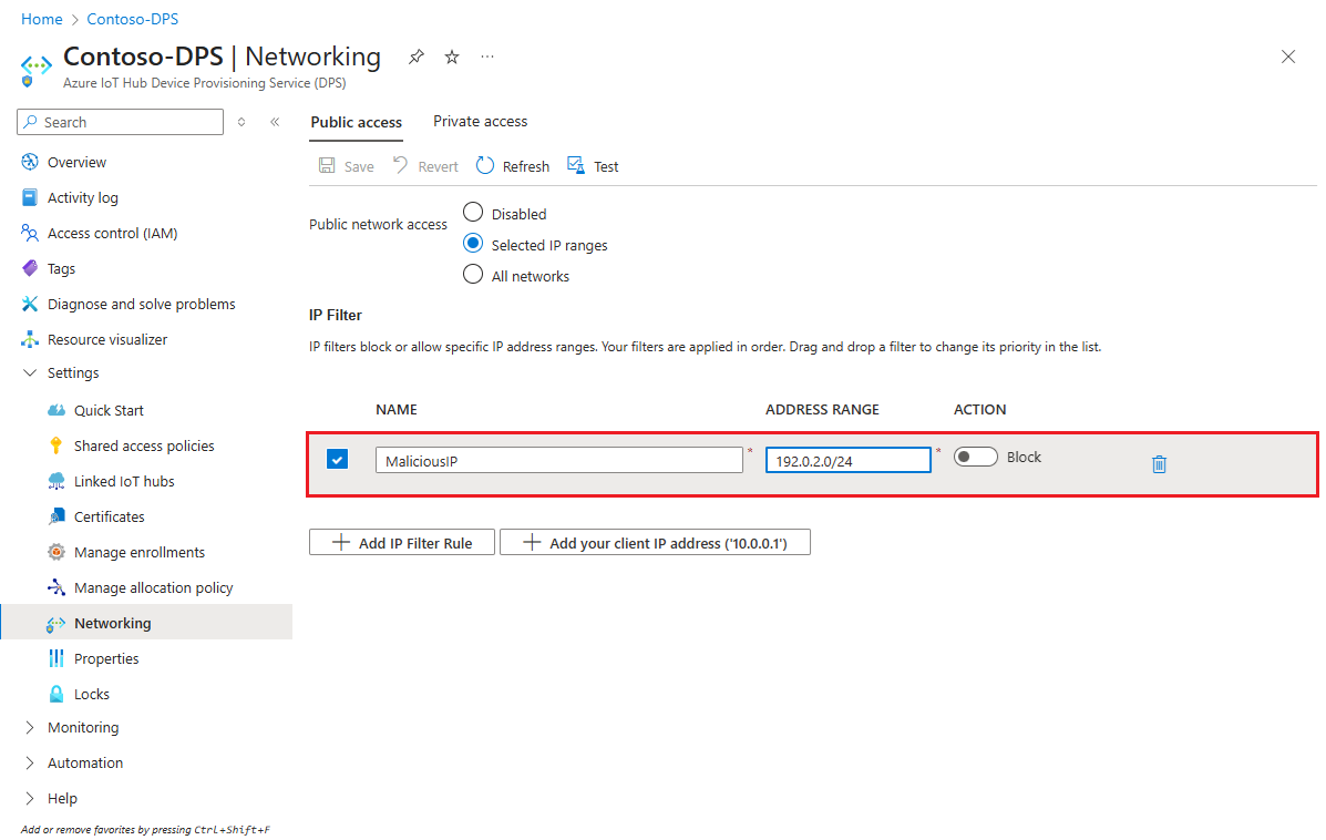 Snímek obrazovky, který ukazuje, jak upravit pravidlo filtru IP adres pro instanci IoT DPS na webu Azure Portal