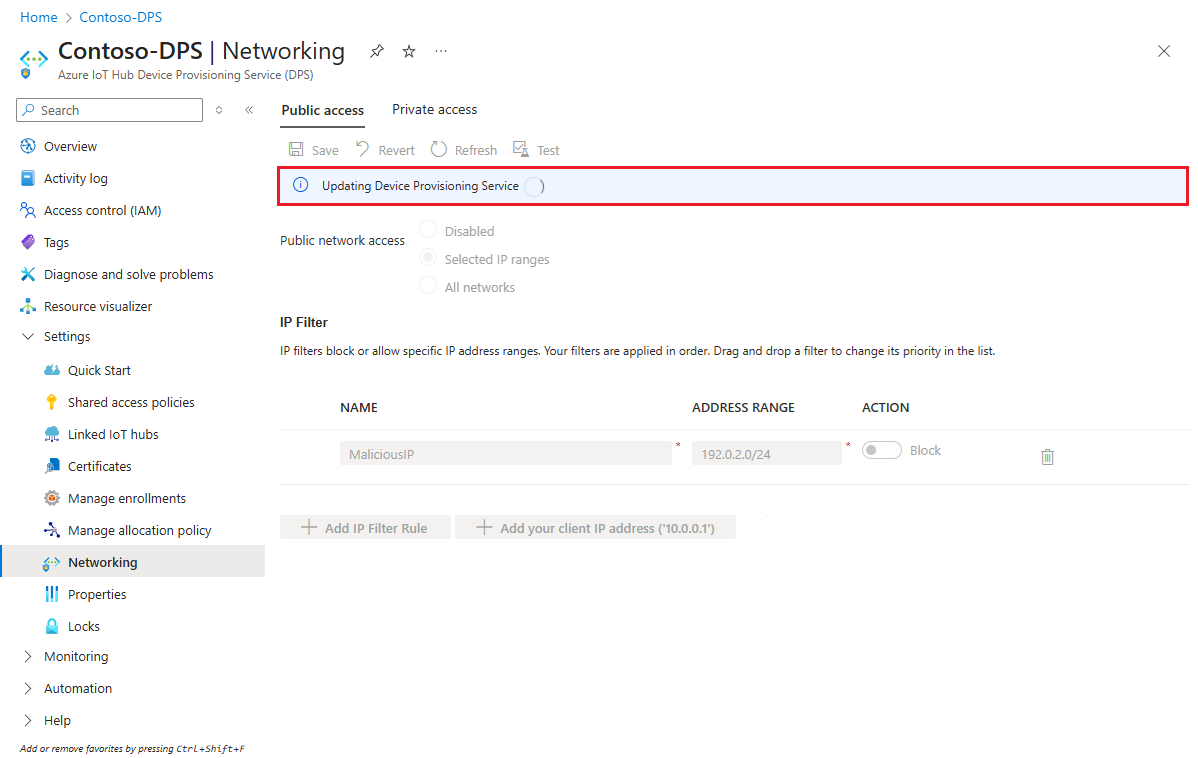Snímek obrazovky zobrazující oznámení zobrazené při ukládání pravidla filtru IP adres na webu Azure Portal
