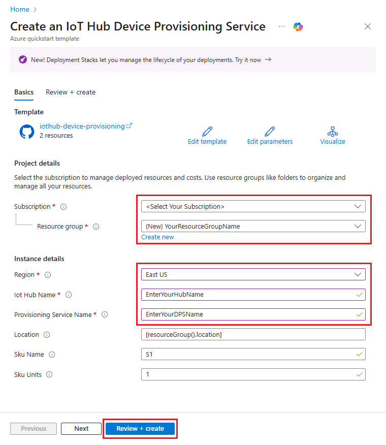 Snímek obrazovky znázorňující parametry nasazení šablony ARM na webu Azure Portal