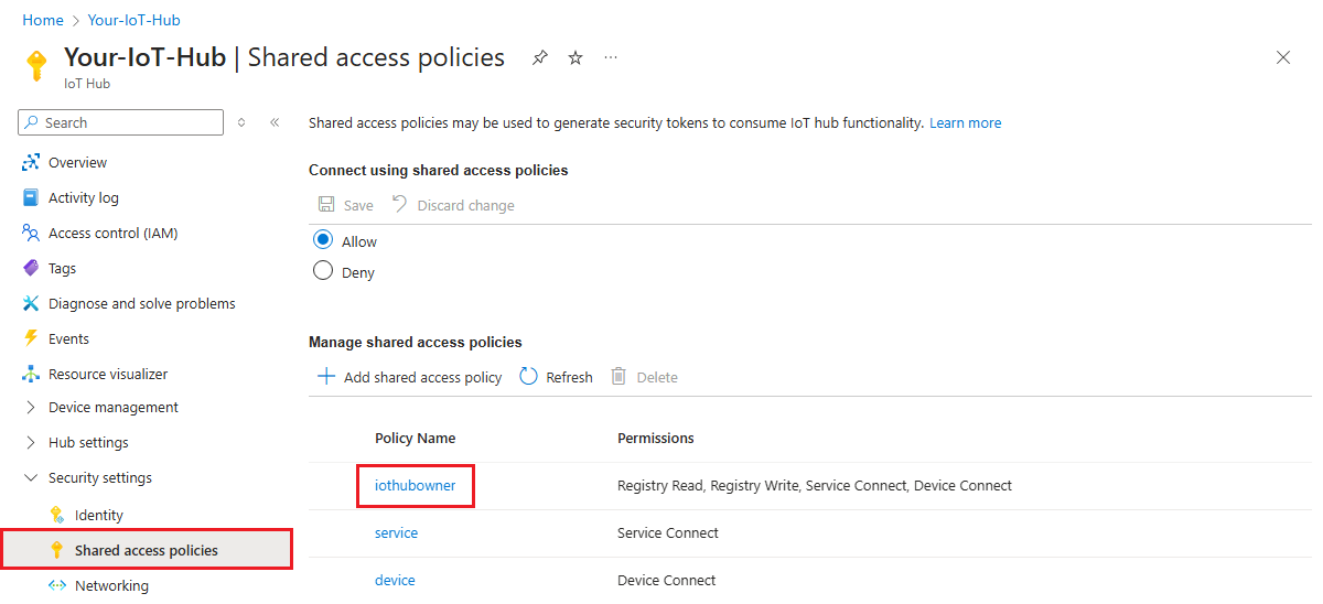 Snímek obrazovky, který ukazuje, jak vybrat zásady sdíleného přístupu iothubowner na webu Azure Portal