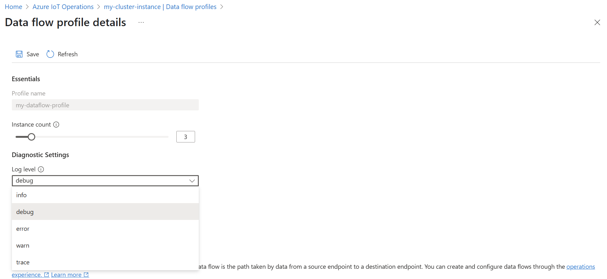 Snímek obrazovky webu Azure Portal zobrazující podrobnosti o toku dat a uvedené možnosti na úrovni protokolu