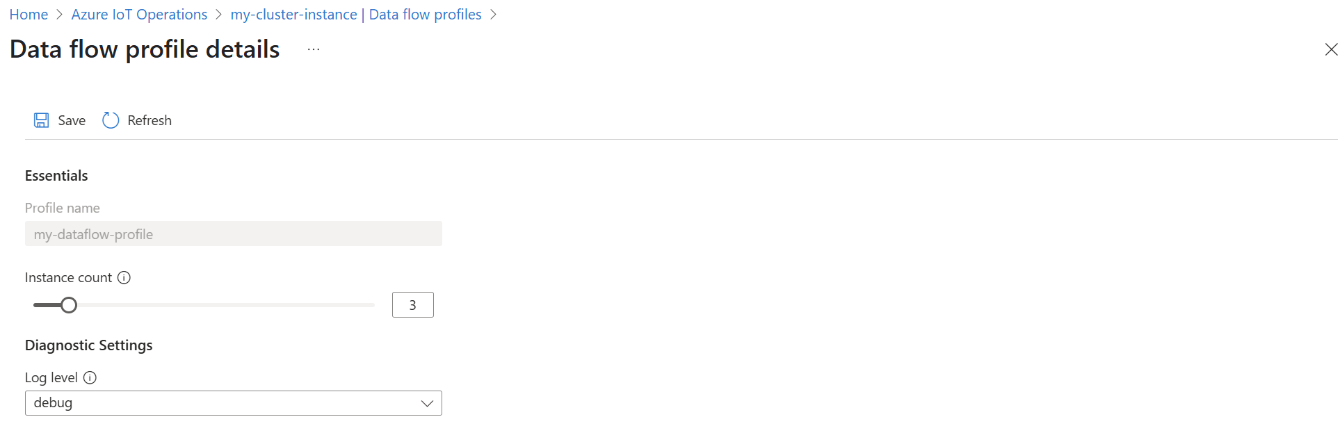 Snímek obrazovky webu Azure Portal zobrazující podrobnosti o toku dat a posuvník počtu instancí nastavený na hodnotu 3