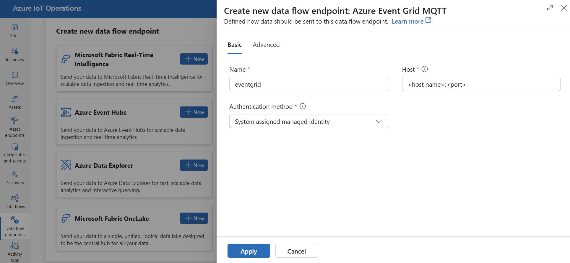 Snímek obrazovky využívající zkušenosti s provozem k vytvoření koncového bodu Azure Event Grid