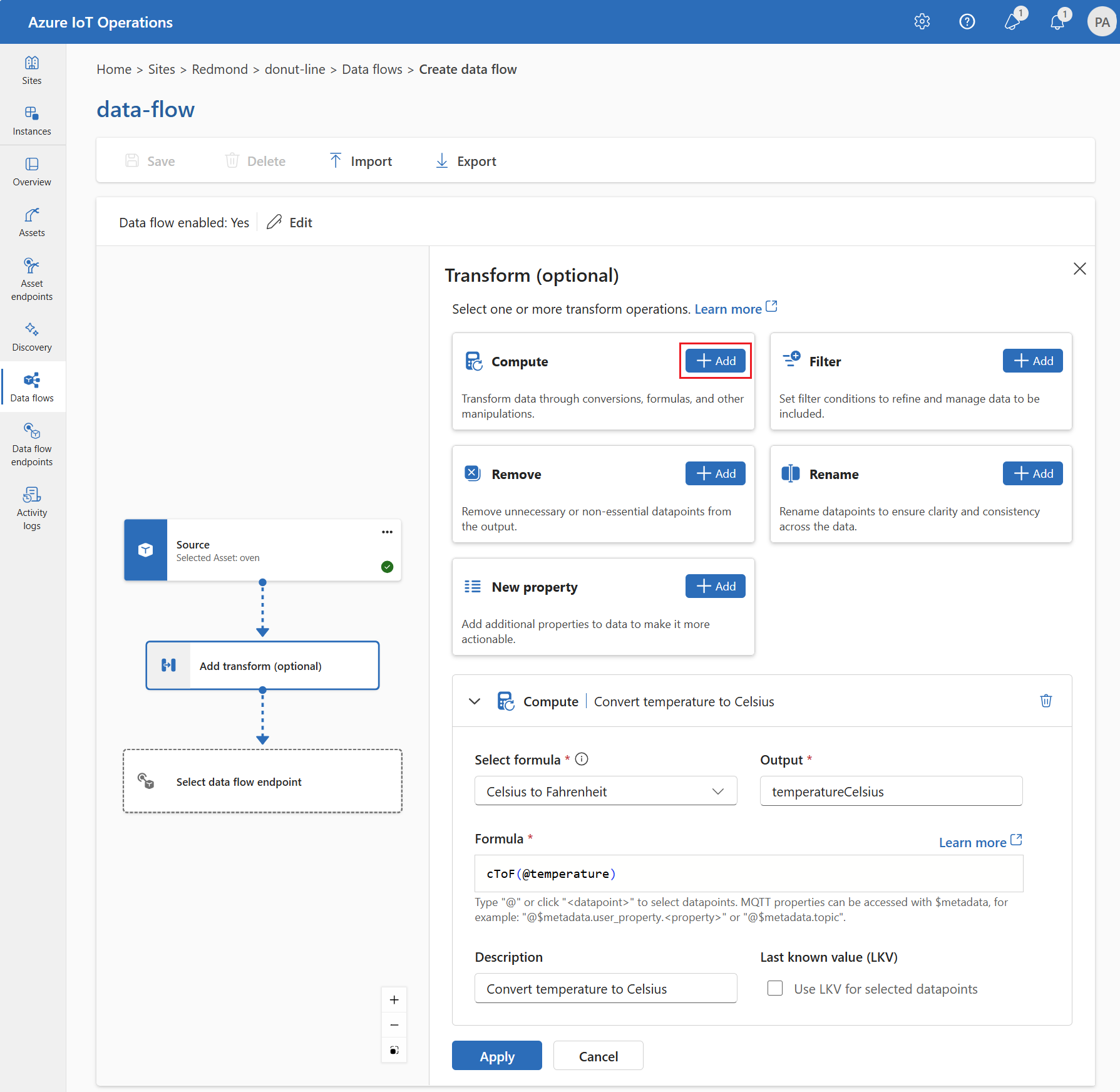 Snímek obrazovky využívající provozní zkušenosti pro přidání výpočetní transformace