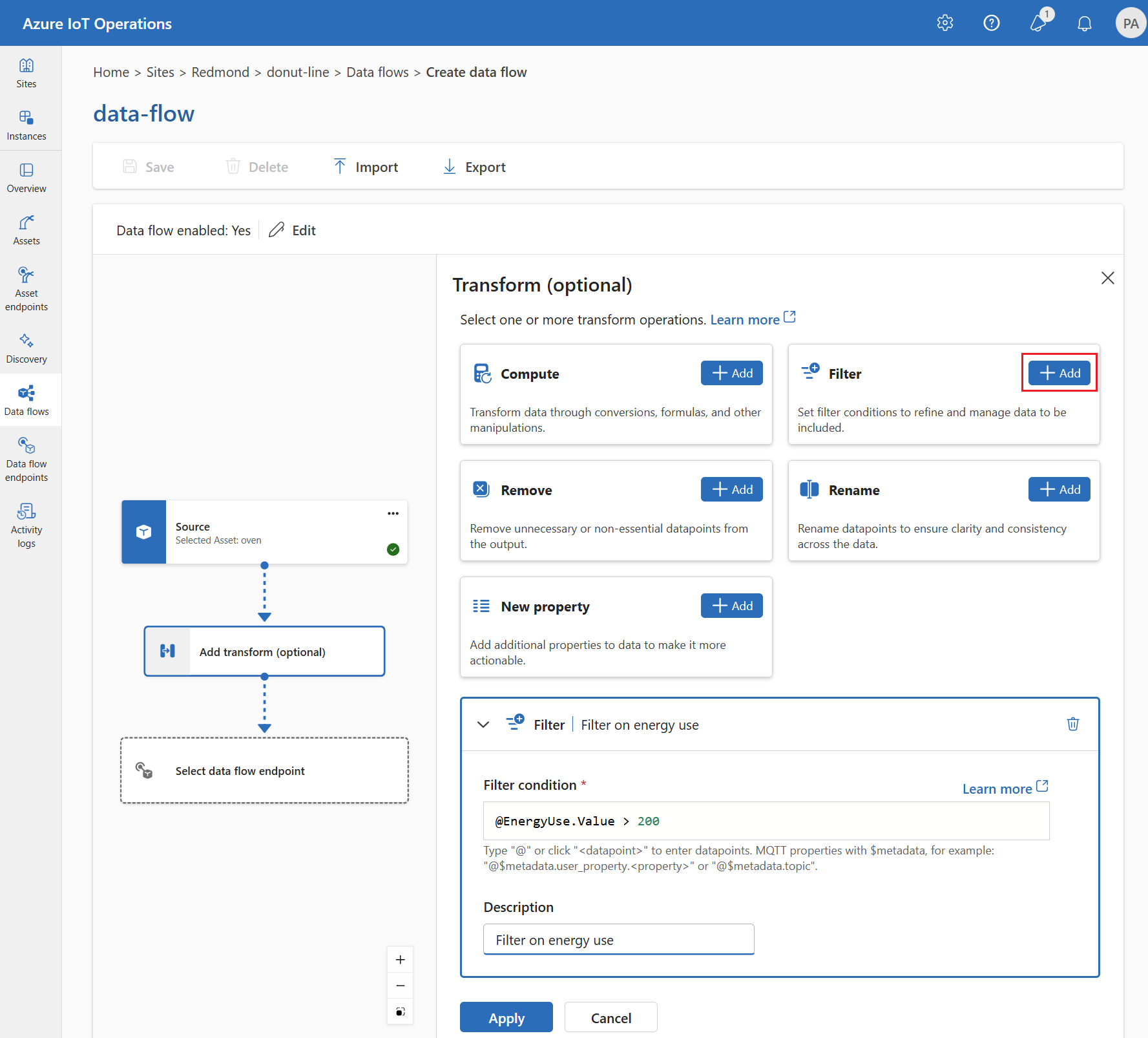 Snímek obrazovky z využití operačních zkušeností pro přidání filtru transformace