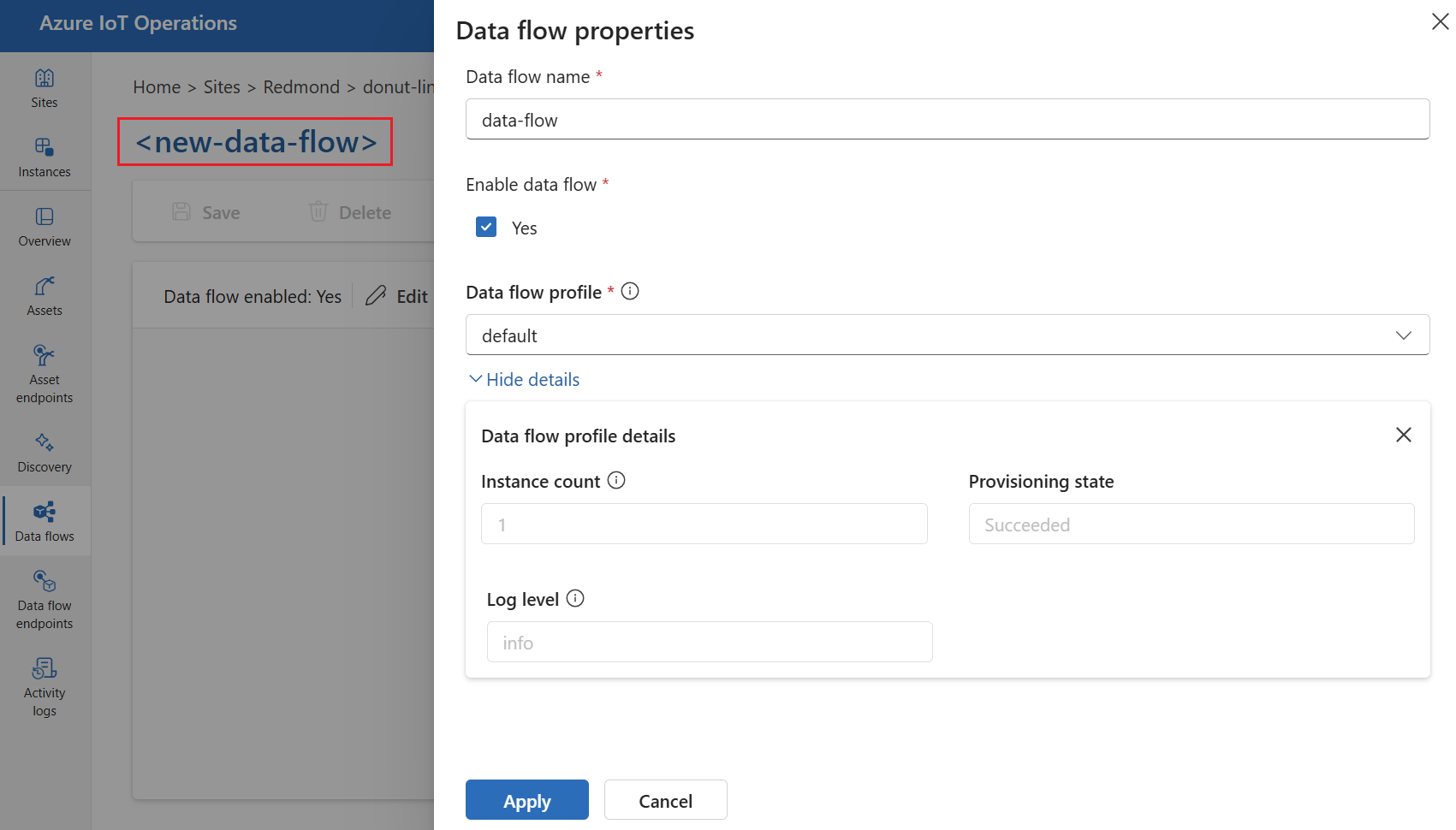 Snímek obrazovky s rozhraním provozního prostředí, ve kterém uživatel pojmenuje tok dat a vybere pro něj profil