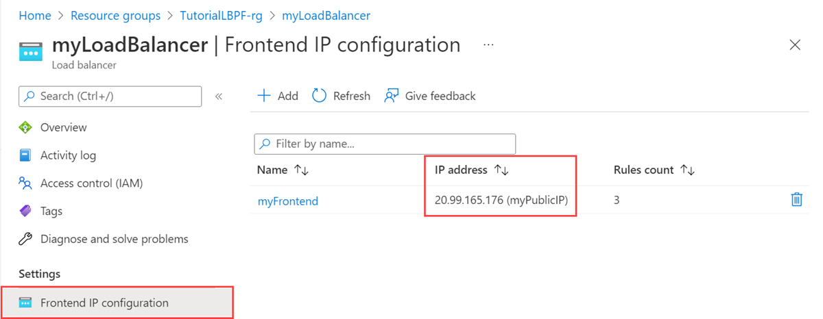 Snímek obrazovky s veřejnou IP adresou na webu Azure Portal