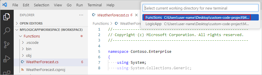 Snímek obrazovky ukazuje Visual Studio Code, výzvu k zadání aktuálního pracovního adresáře a vybraného adresáře Functions.