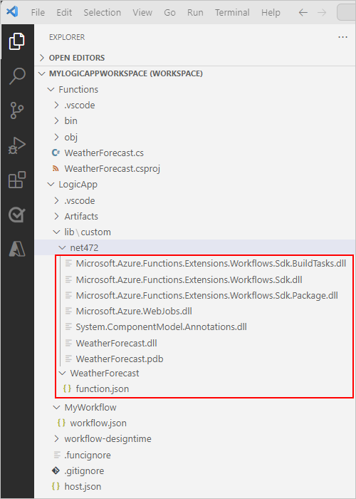 Snímek obrazovky znázorňující pracovní prostor aplikace sady Visual Studio Code a aplikace logiky s projektem funkcí .NET a projektem aplikace logiky, nyní se vygenerovanými sestaveními a dalšími požadovanými soubory