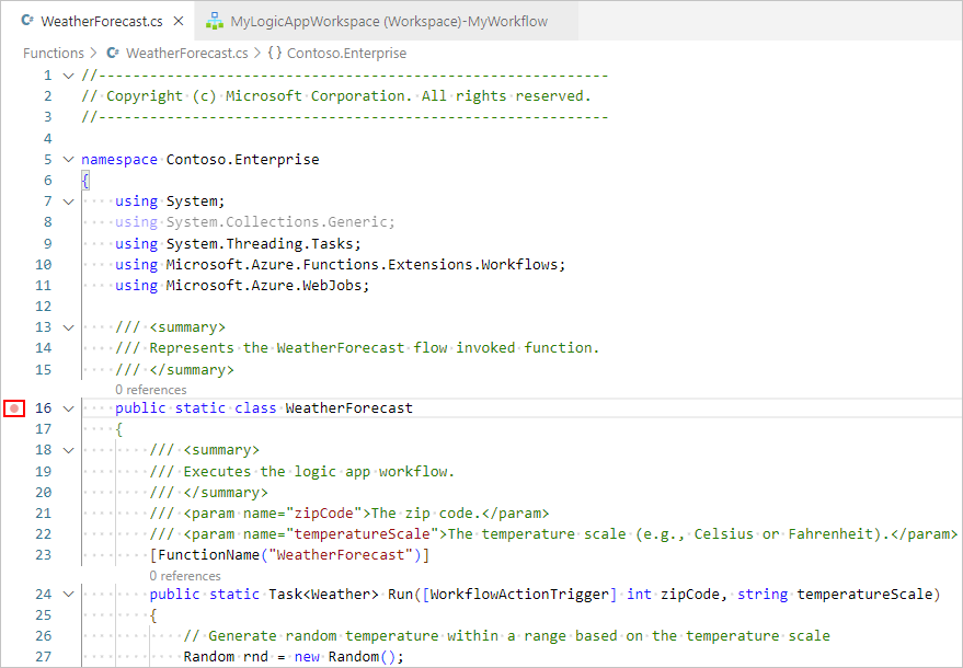 Snímek obrazovky ukazuje Visual Studio Code a soubor otevřeného kódu funkce se zarážkou nastavenou pro řádek v kódu.