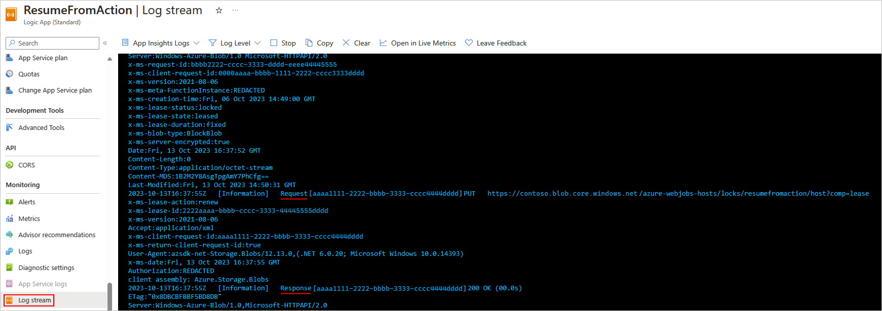 Snímek obrazovky znázorňující nabídku webu Azure Portal a standardní aplikace logiky s vybranou položkou s názvem Stream protokolu