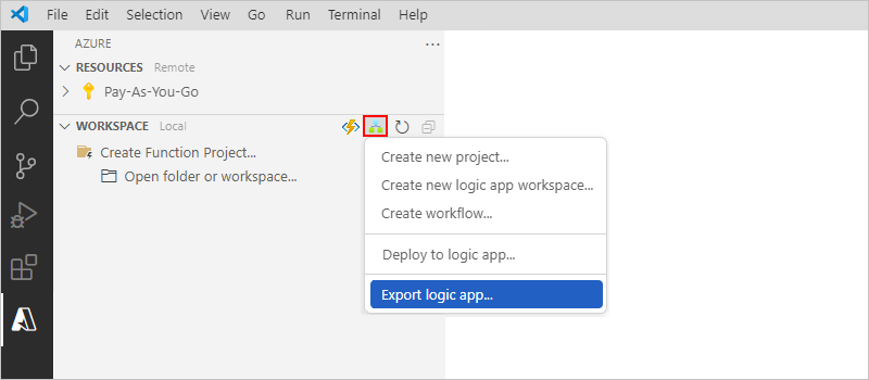 Snímek obrazovky s oknem Azure, panelem nástrojů oddílu pracovního prostoru a vybranou možností Exportovat aplikaci logiky