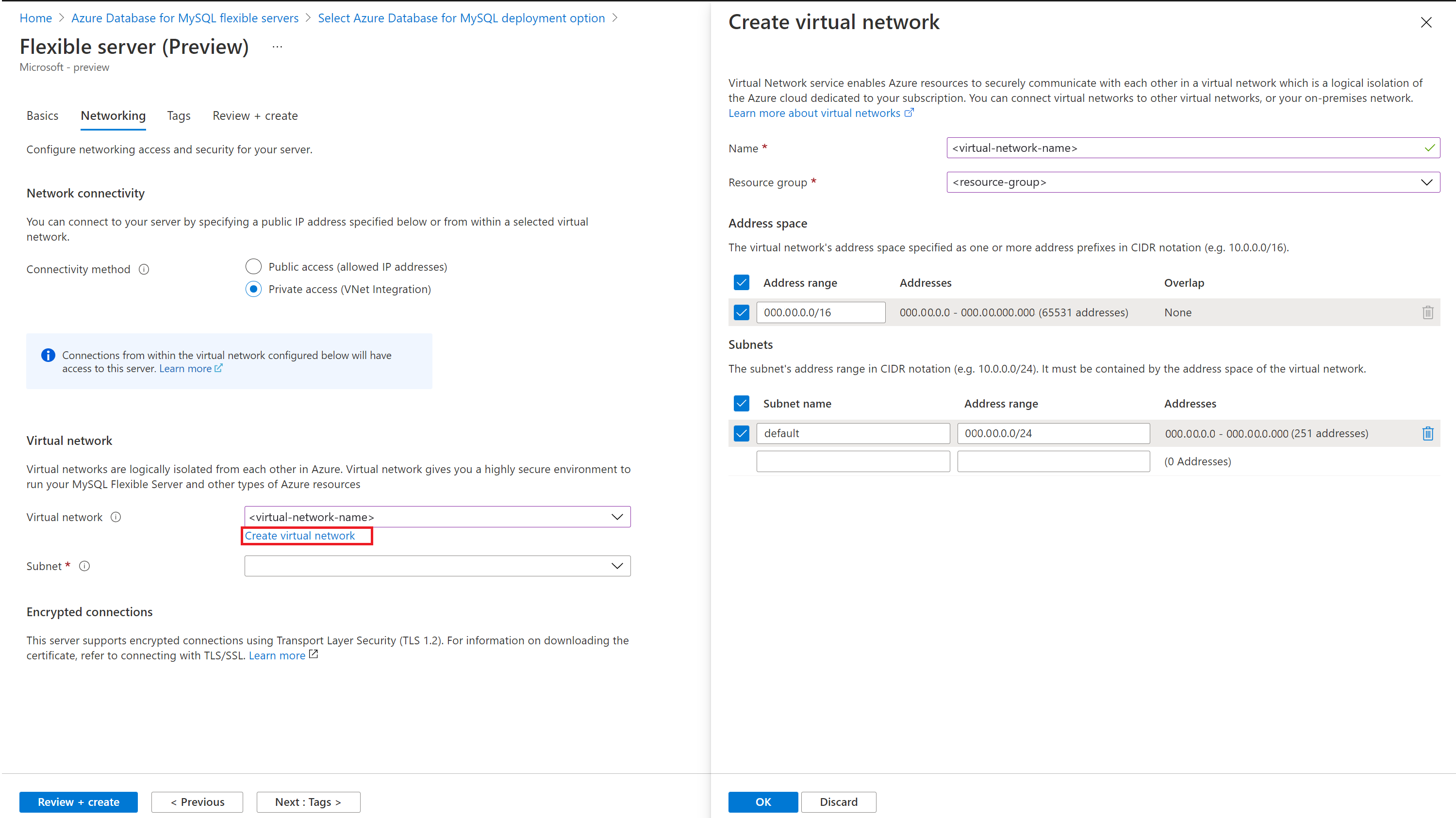 Snímek obrazovky znázorňující kartu Sítě s novou virtuální sítí