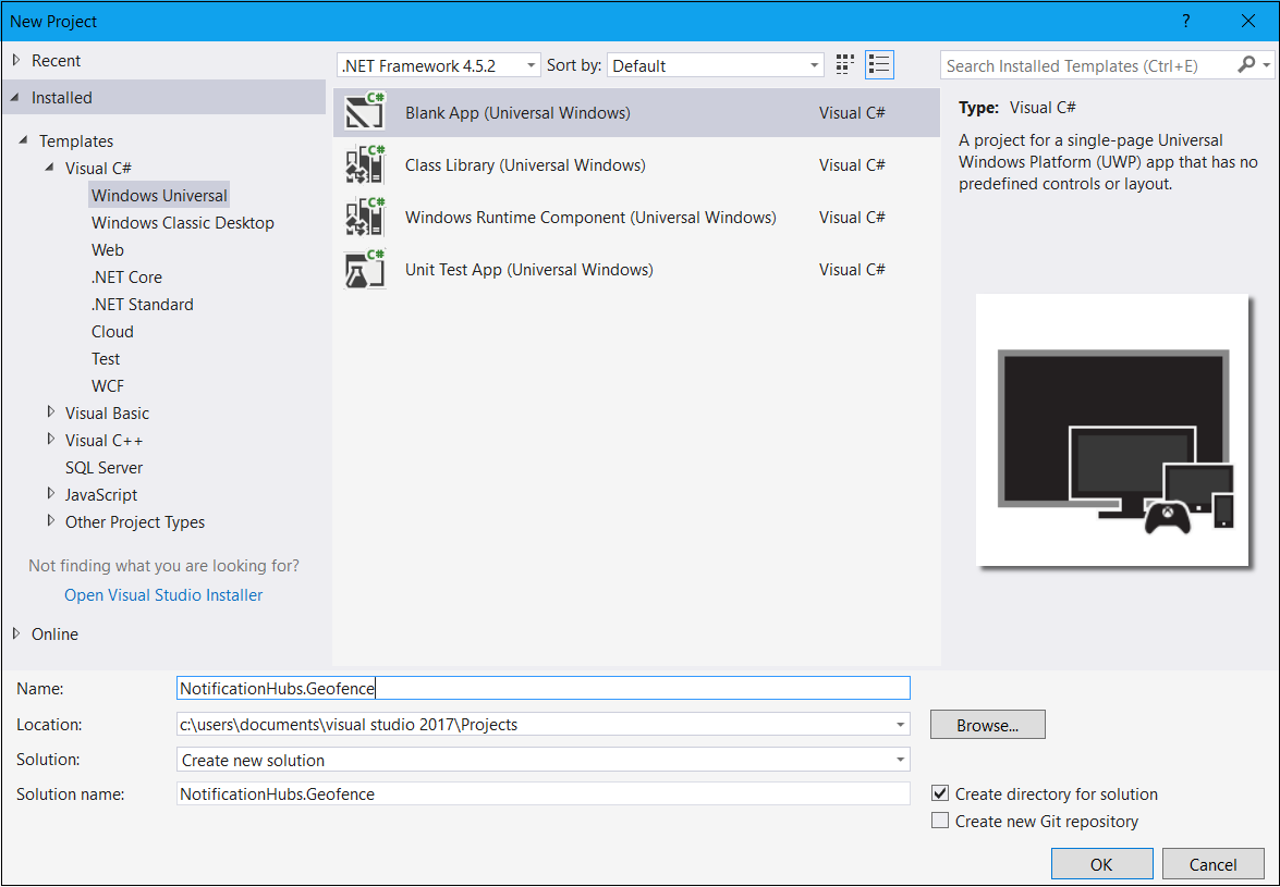 Snímek obrazovky s dialogovým oknem Nový projekt sady Visual Studio se zvýrazněnou možností Prázdná aplikace (Univerzální verze Windows Visual C#).