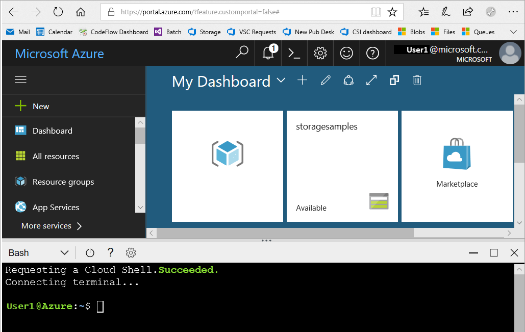 Snímek obrazovky znázorňující okno Cloud Shellu na portálu