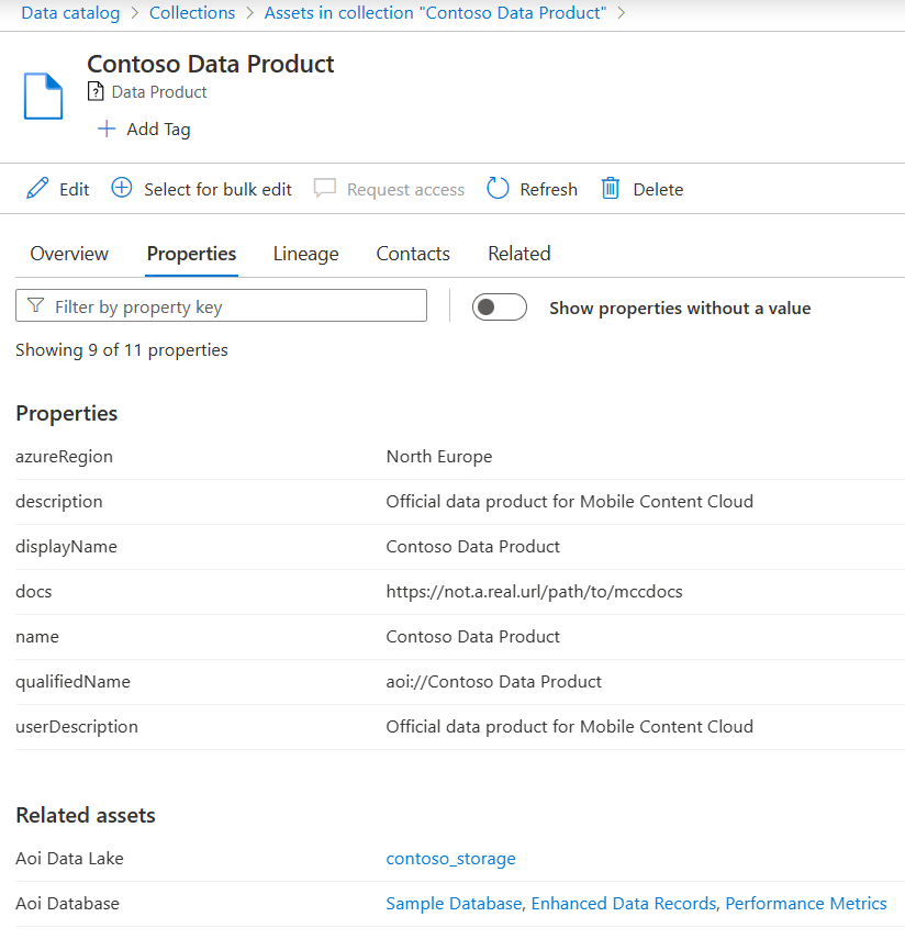 Snímek obrazovky s kartou Vlastnosti pro asset Datového produktu v kolekci Purview