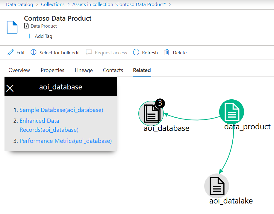 Snímek obrazovky s kartou Související s assetem Datového produktu v kolekci Purview