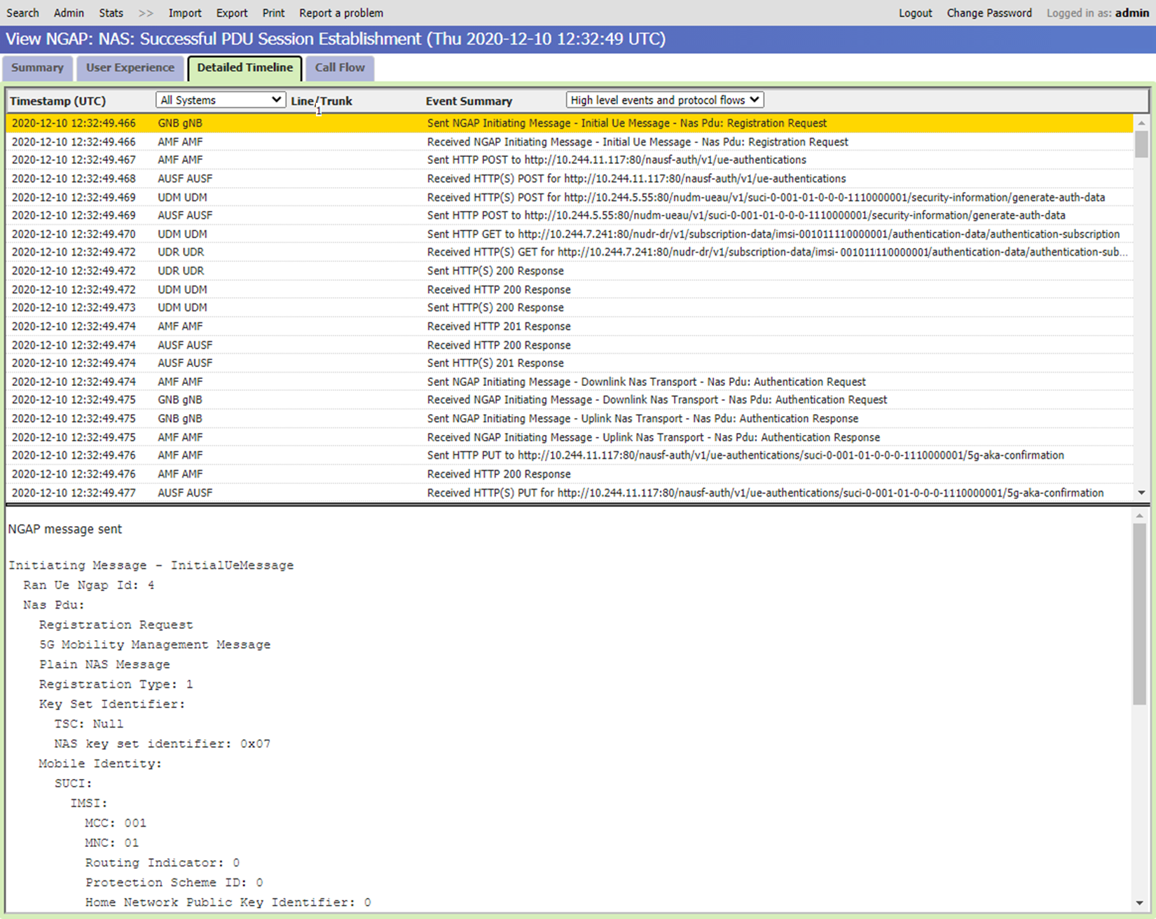 Snímek obrazovky s podrobným zobrazením časové osy distribuovaného trasování webové G U I Zobrazuje zprávy odeslané mezi síťovými funkcemi a dalšími komponentami.