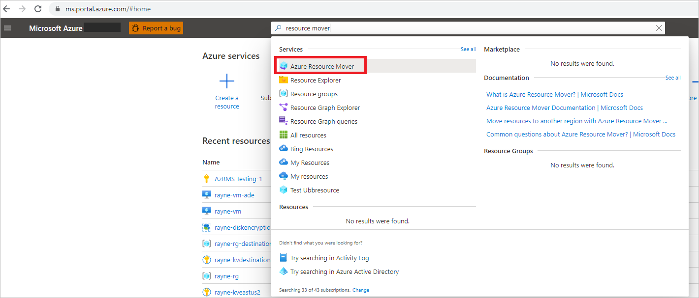 Snímek obrazovky s výsledky hledání pro Azure Resource Mover na webu Azure Portal