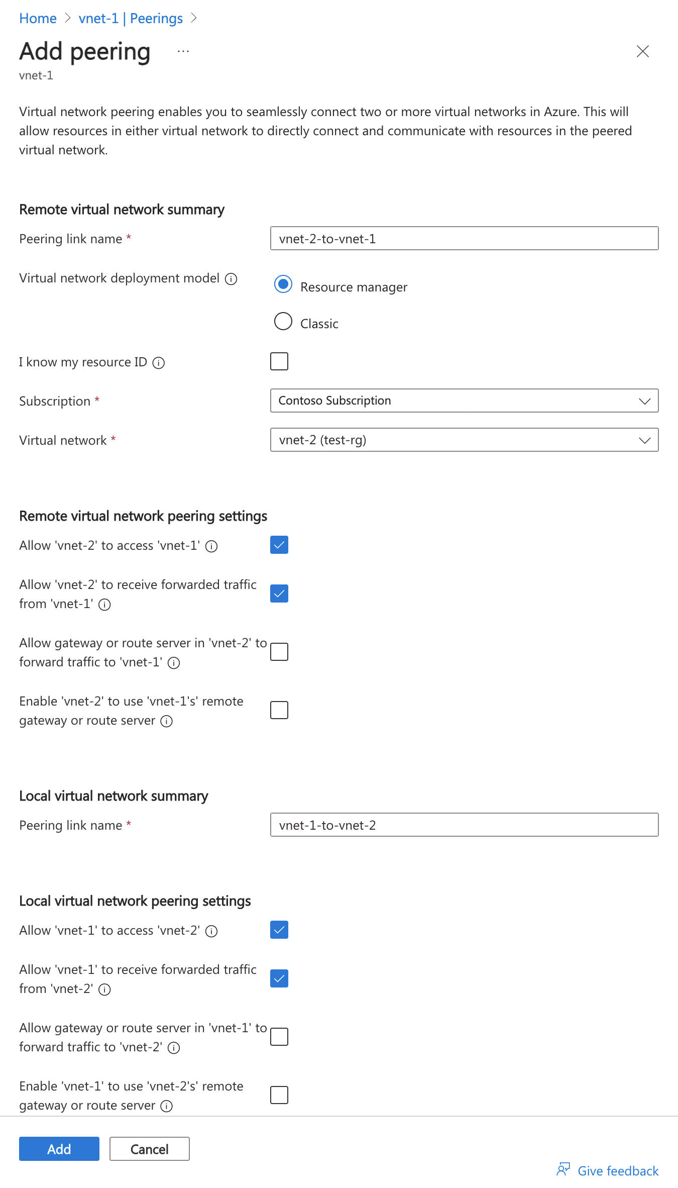 Snímek obrazovky s přidáním partnerského vztahu na webu Azure Portal