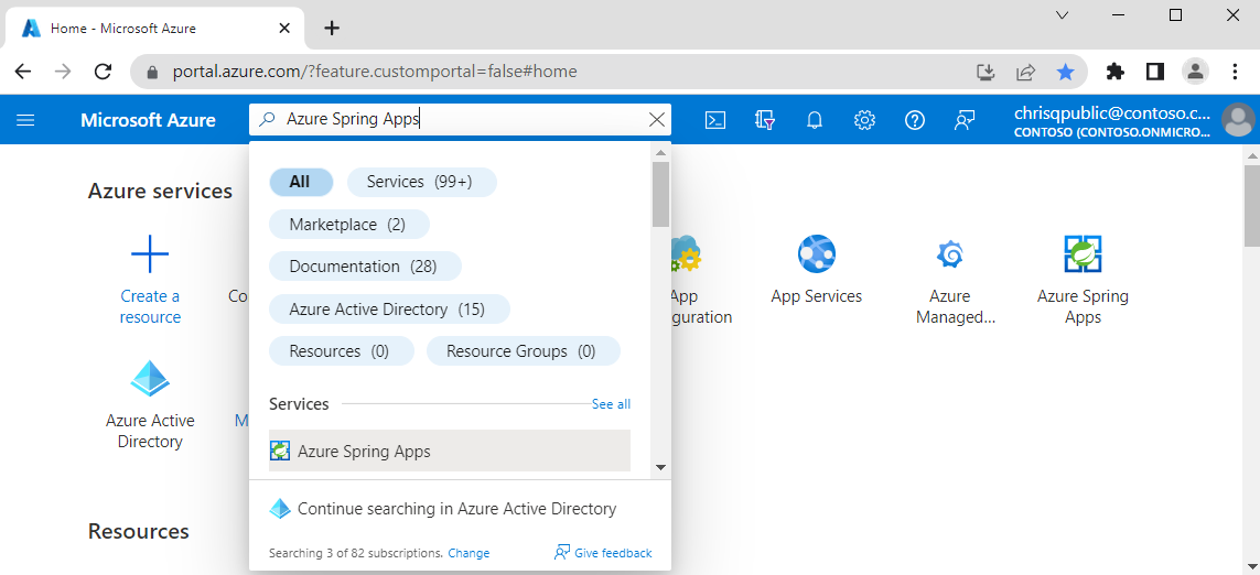 Snímek obrazovky webu Azure Portal s výběrem Azure Spring Apps