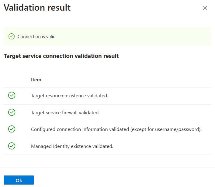 Snímek obrazovky webu Azure Portal a získání výsledku ověření připojení