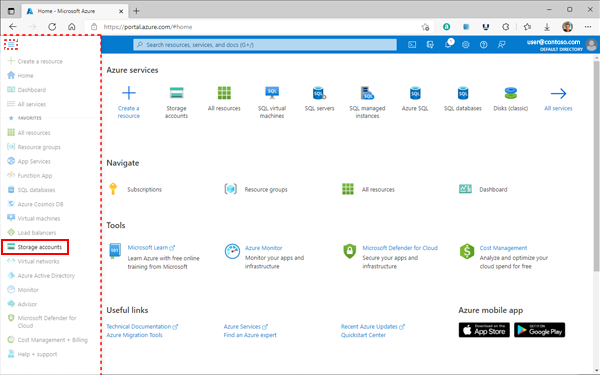 Obrázek domovské stránky webu Azure Portal zobrazující umístění tlačítka Nabídky v levém horním rohu prohlížeče
