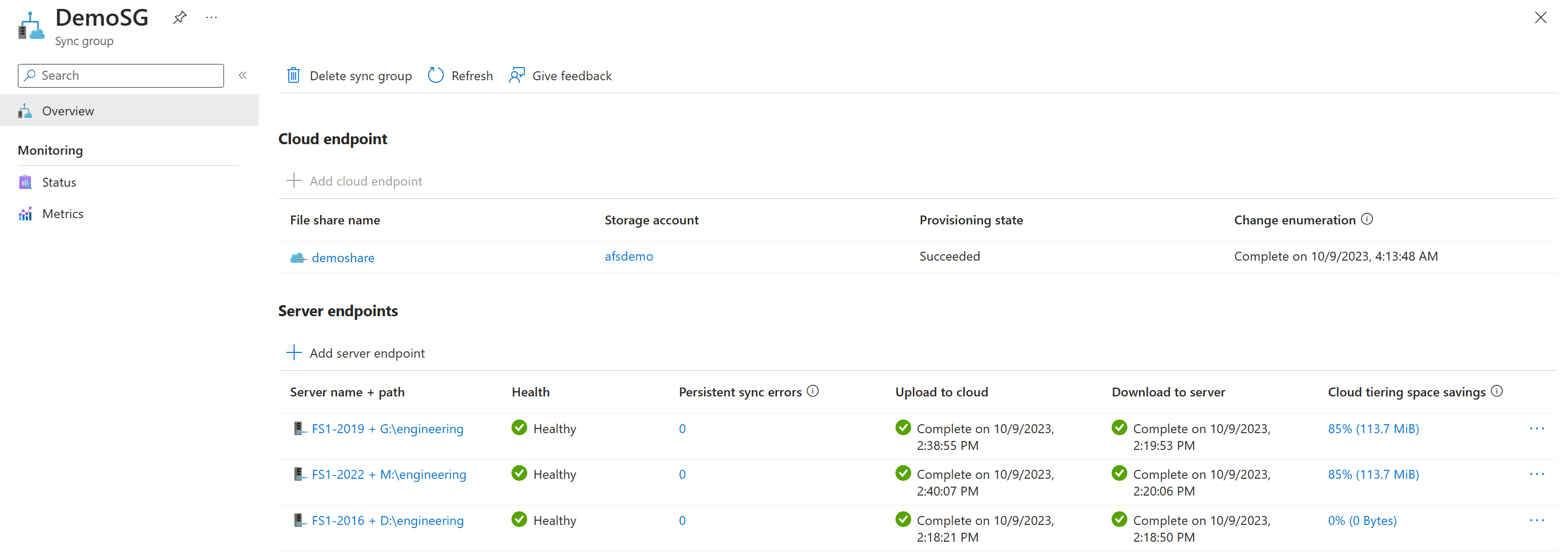 Snímek obrazovky znázorňující stav koncového bodu serveru na webu Azure Portal