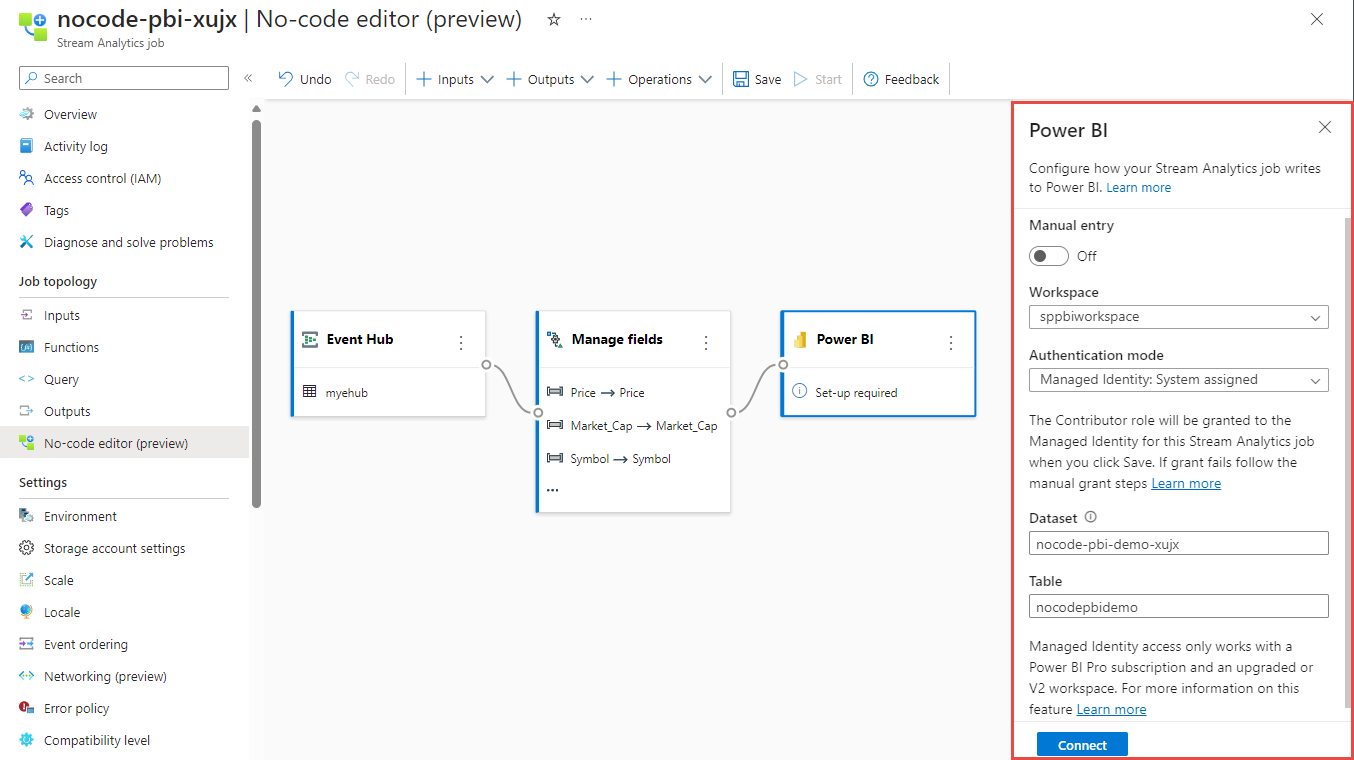 Snímek obrazovky znázorňující konfiguraci výstupu Power BI