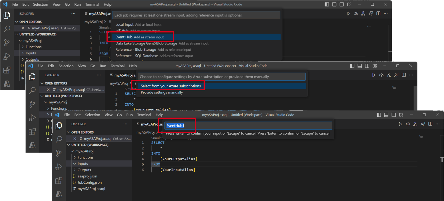 Snímek obrazovky s rozšířením VSCode zobrazující řadu kroků pro konfiguraci vstupu centra událostí