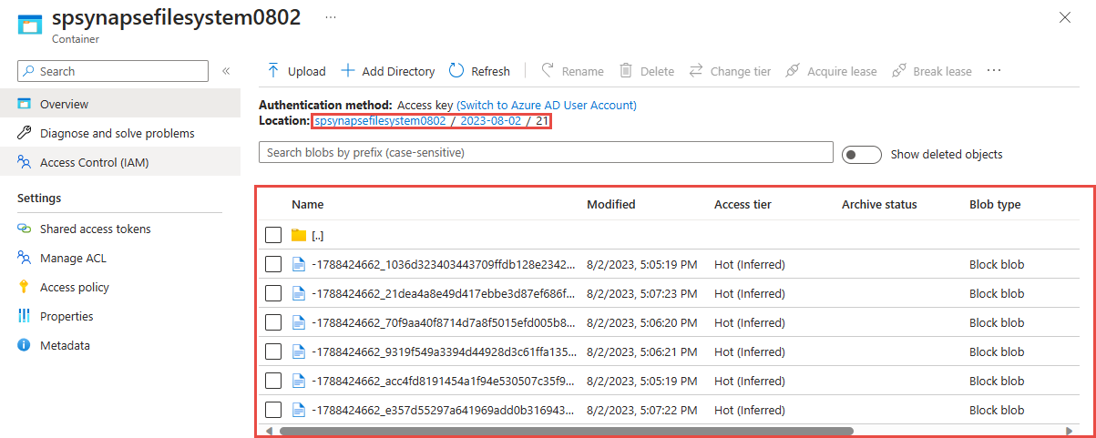 Snímek obrazovky znázorňující zachycené soubory Parquet v Azure Data Lake Storage Gen2