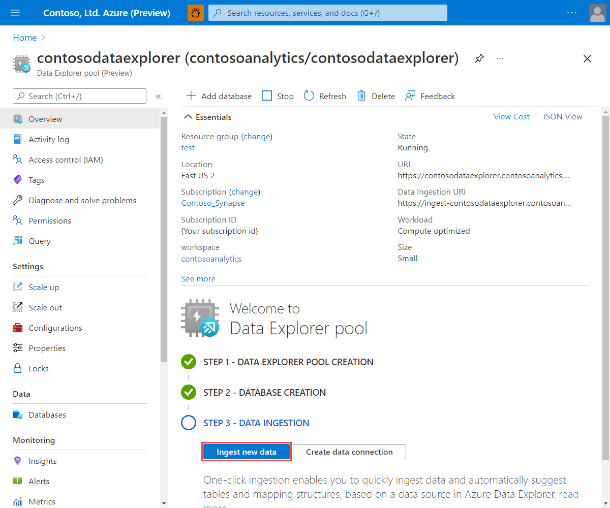 Snímek obrazovky Azure Portal s otevřením Azure Data Explorer v kontextu konkrétního fondu