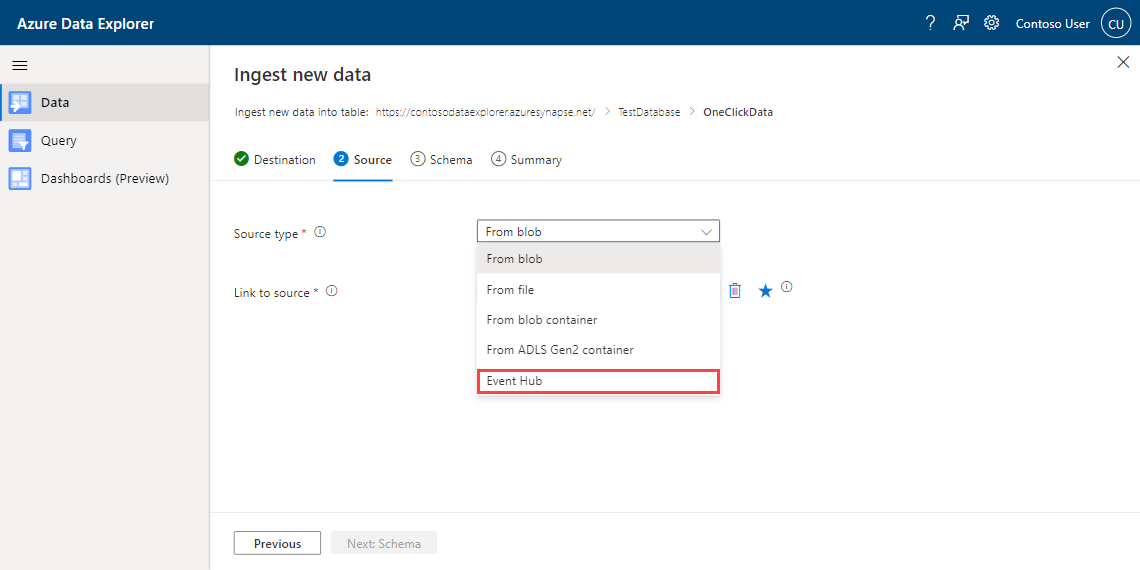 Snímek obrazovky s průvodcem příjmem dat jedním kliknutím v Azure Data Explorer zobrazující výběr typu zdroje