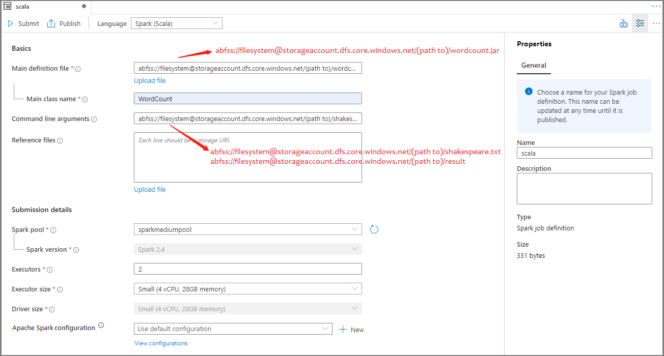 Nastavení hodnoty definice úlohy Spark pro scala