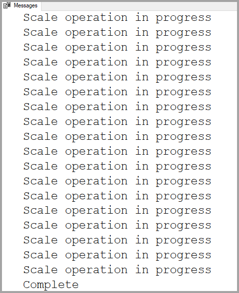 Snímek obrazovky aplikace SQL Server Management Studio zobrazující výstup dotazu pro monitorování stavu operace vyhrazeného fondu SQL Zobrazí se řada řádků probíhající operace škálování, která končí řádkem s textem Dokončeno.