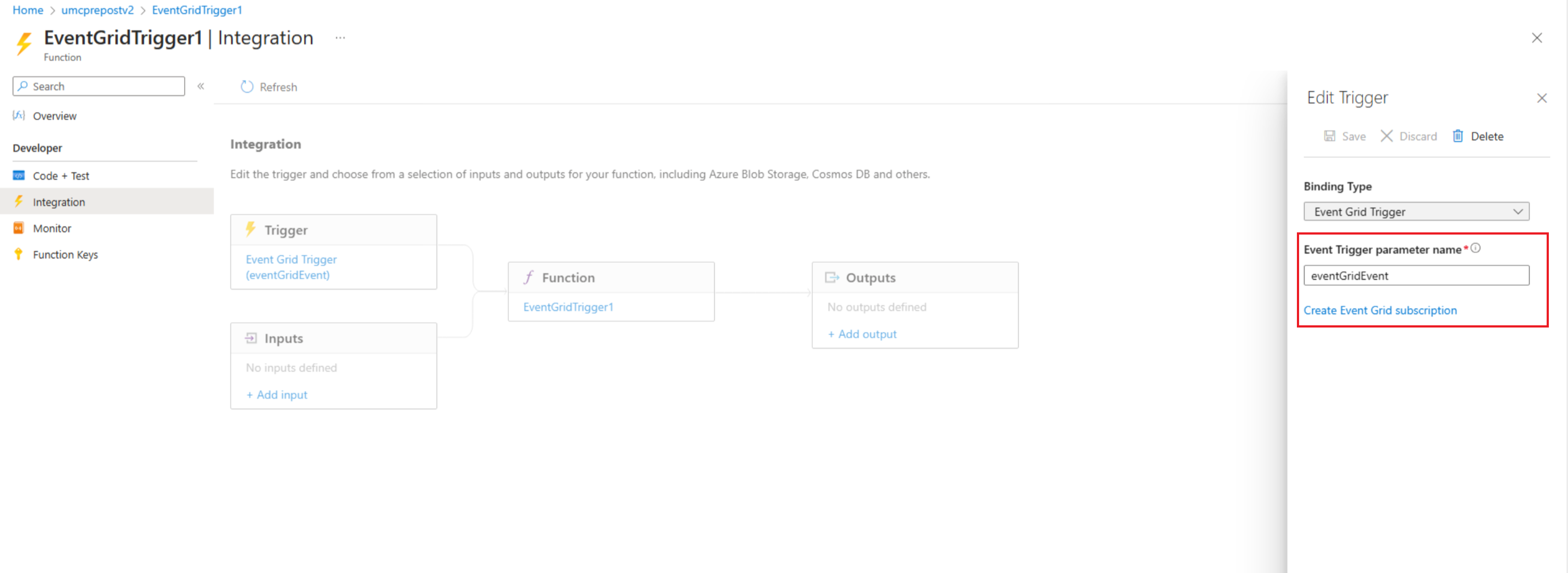 Snímek obrazovky znázorňující eventGridEvent parametru