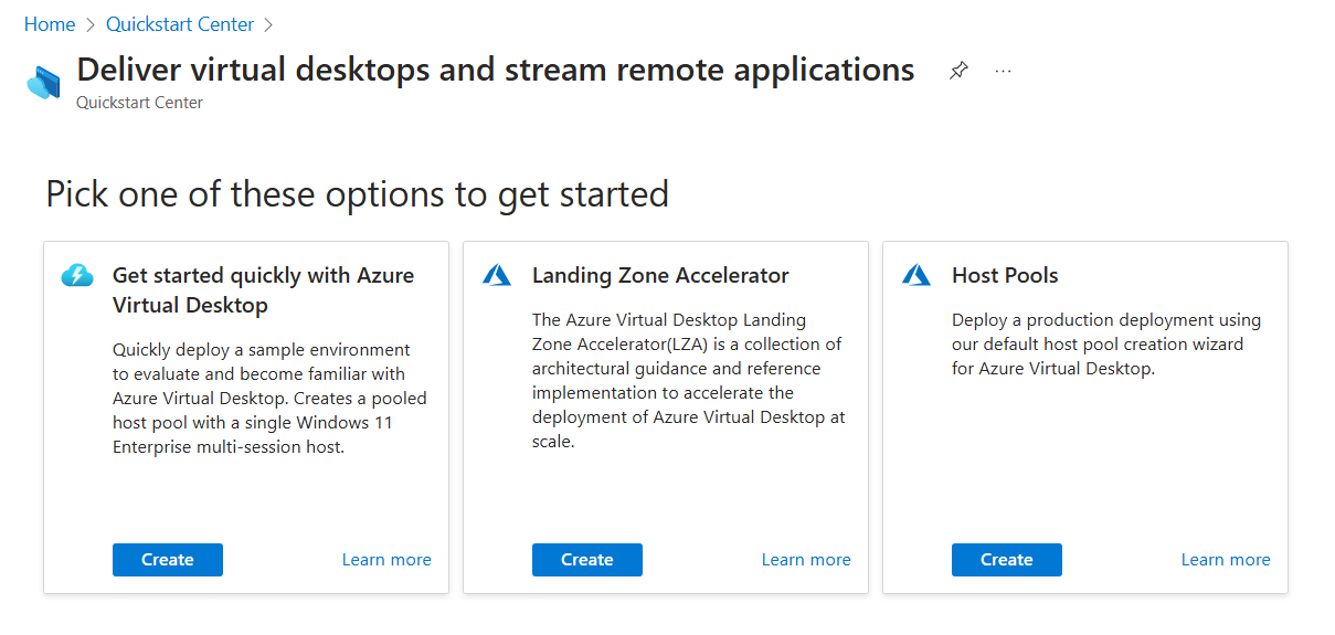 Snímek obrazovky znázorňující možnosti služby Azure Virtual Desktop v Centru rychlého startu