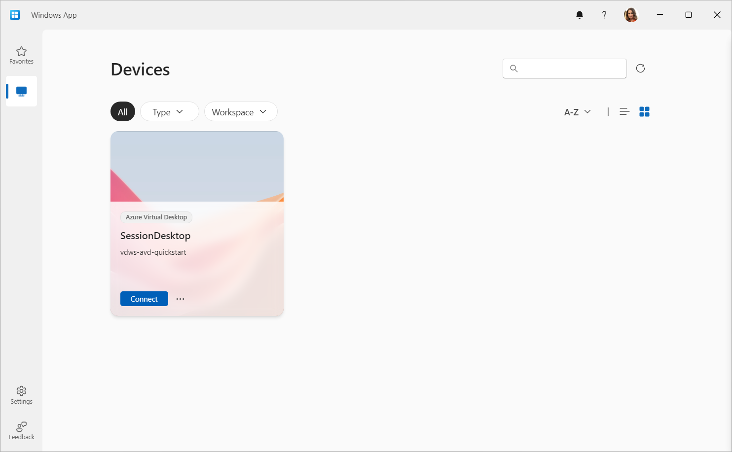 Snímek obrazovky zobrazující kartu zařízení pro aplikaci pro Windows ve Windows s nasazeným panelem SessionDesktop pomocí rychlého startu