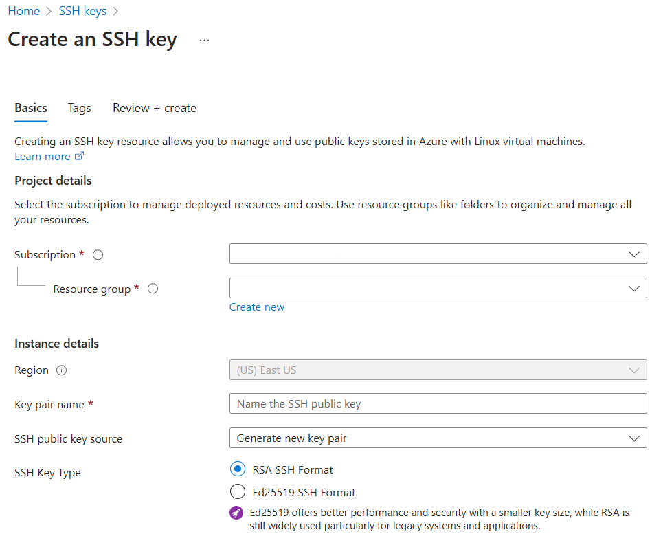 Vytvoření nové skupiny prostředků a vygenerování páru klíčů SSH