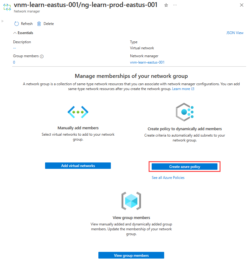 Snímek obrazovky s tlačítkem pro vytvoření zásady Azure