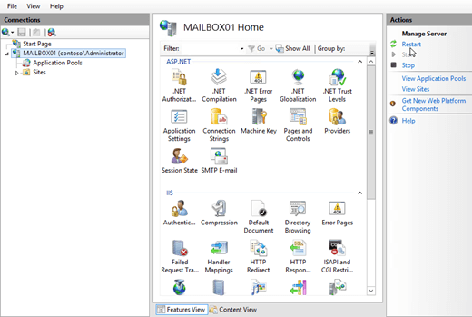 In IIS Manager, select the server, and in the Actions pane, click Restart.