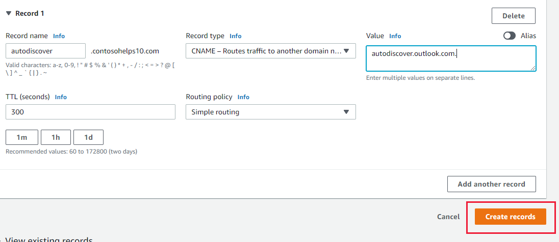 Snímek obrazovky s výběrem možnosti Vytvořit záznamy pro přidání záznamu CNAME