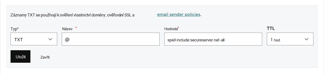 Vyplňte hodnoty z tabulky pro záznam TXT SPF.
