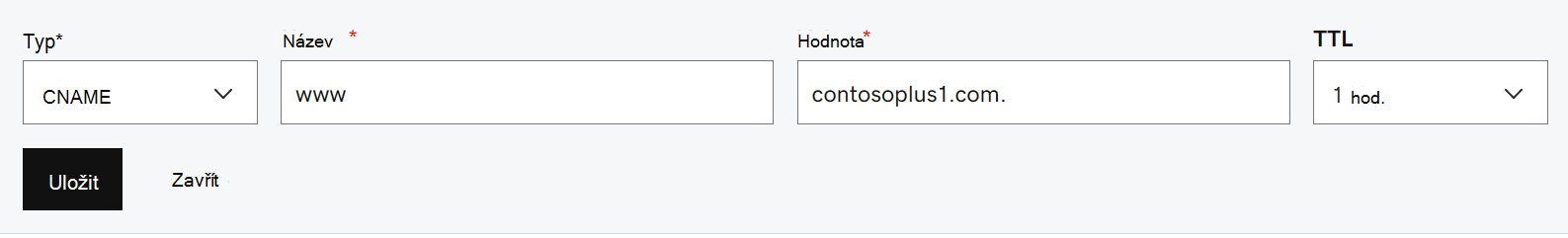 Snímek obrazovky pro vložení hodnot záznamu CNAME
