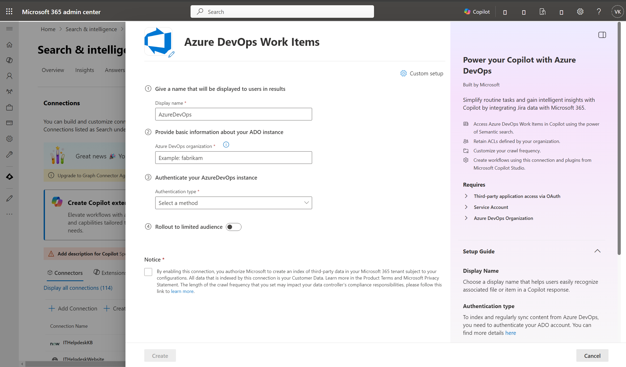Screenshot that shows connection creation screen for the Azure DevOps Work Items Copilot connector.
