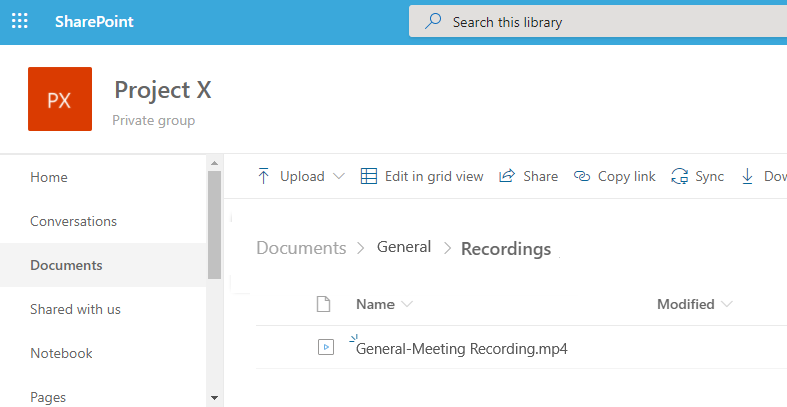 Snímek obrazovky úložiště pro ukládání nahrávek schůzky v SharePointu
